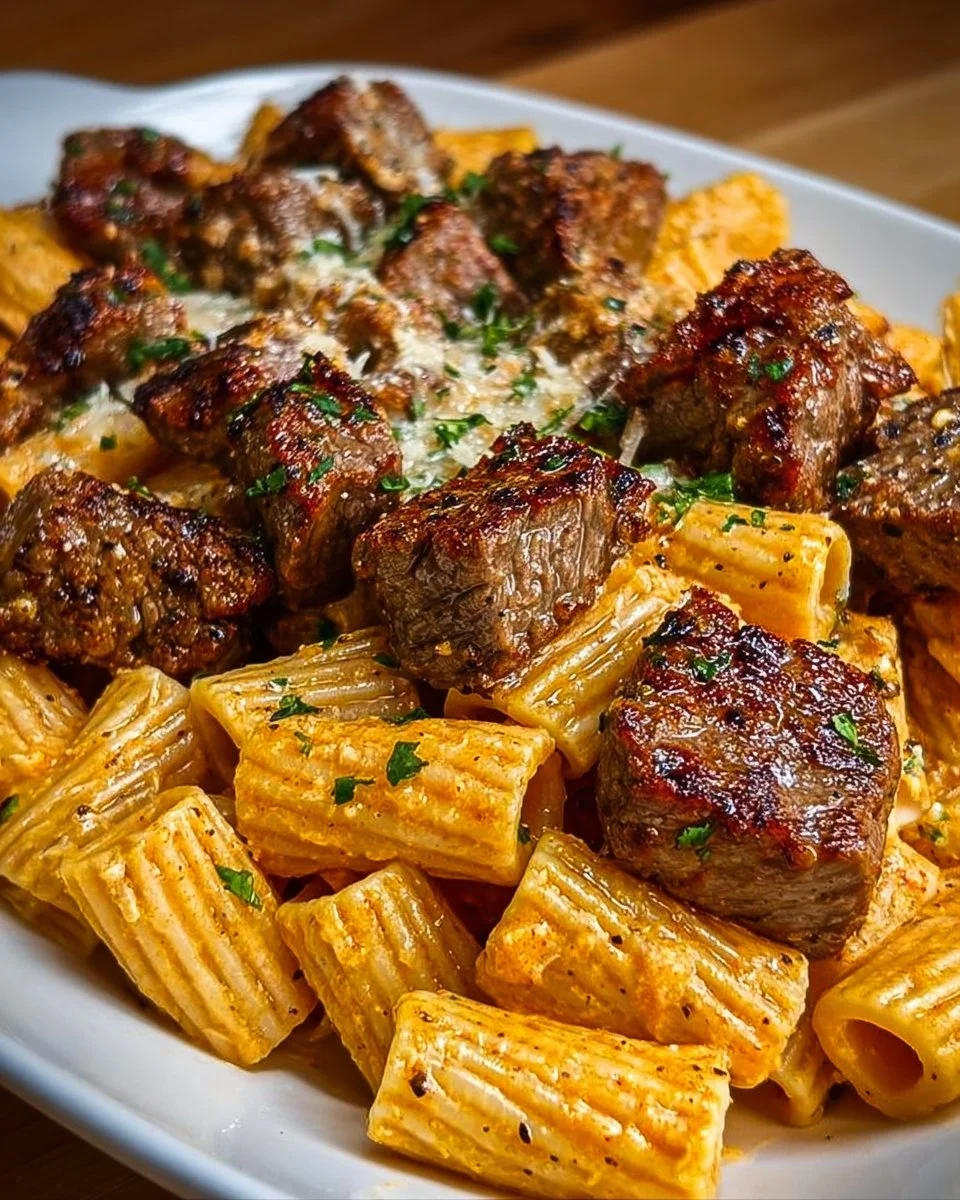 Cajun Steak Tips with Cheesy Rigatoni