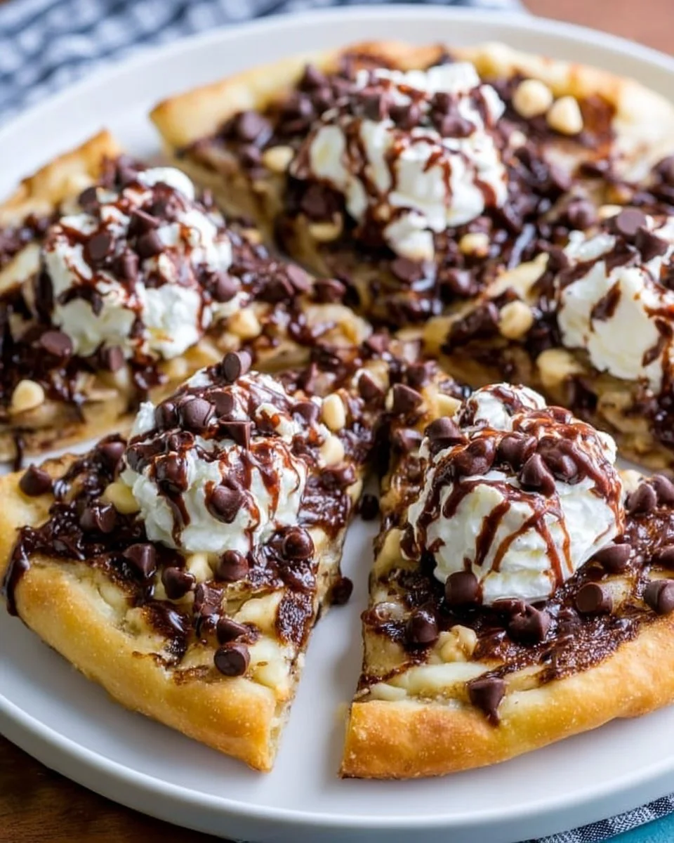 Delicious chocolate chip dessert pizza topped with melted chocolate chips and dough
