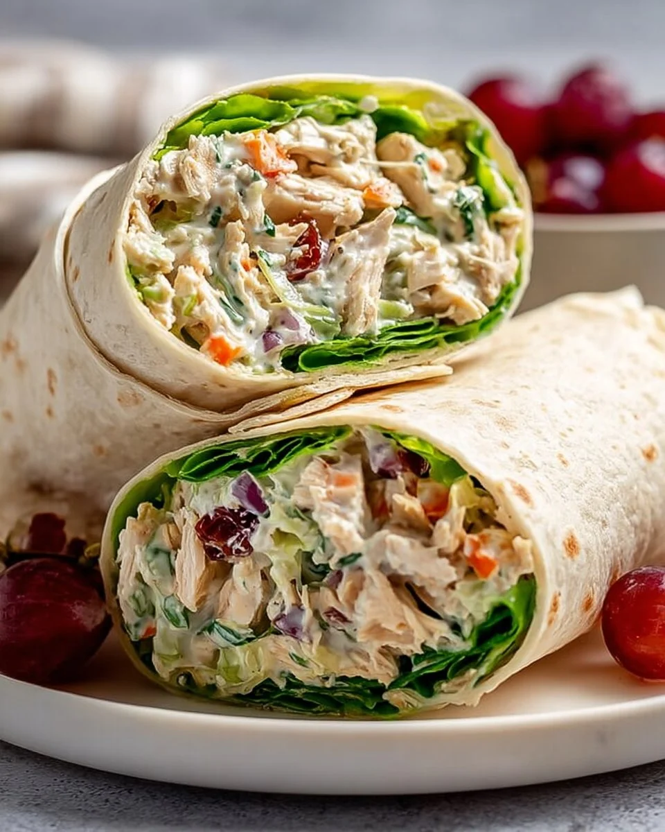Creamy chicken salad wrap filled with fresh ingredients and served on a tortilla.
