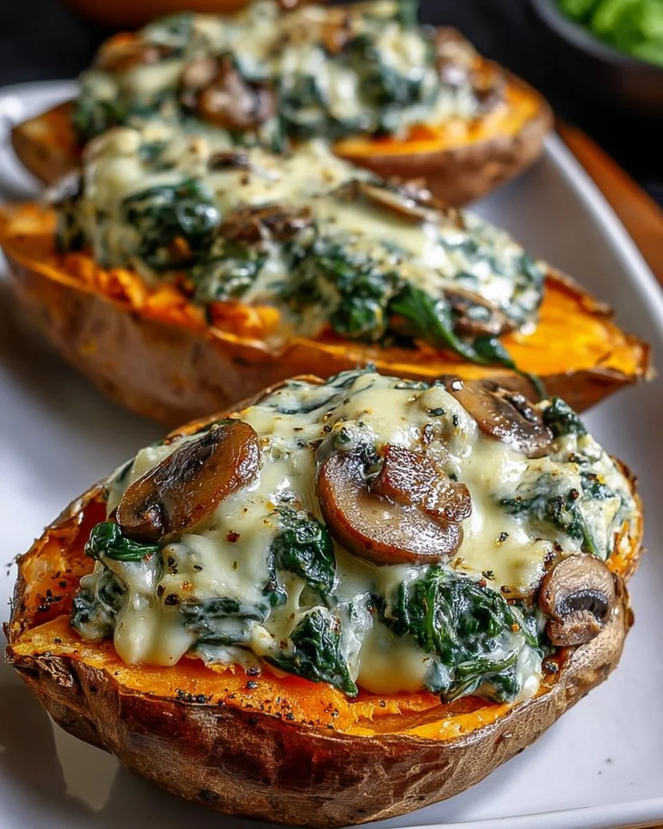 Creamy Mushroom and Spinach Stuffed Sweet Potatoes