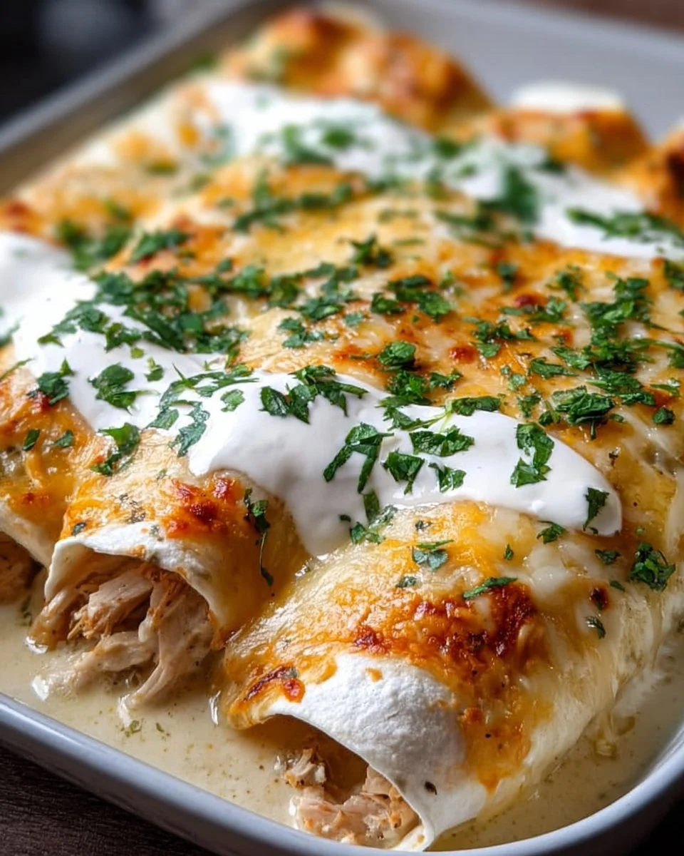 Creamy white chicken enchiladas topped with cheese and garnished with cilantro