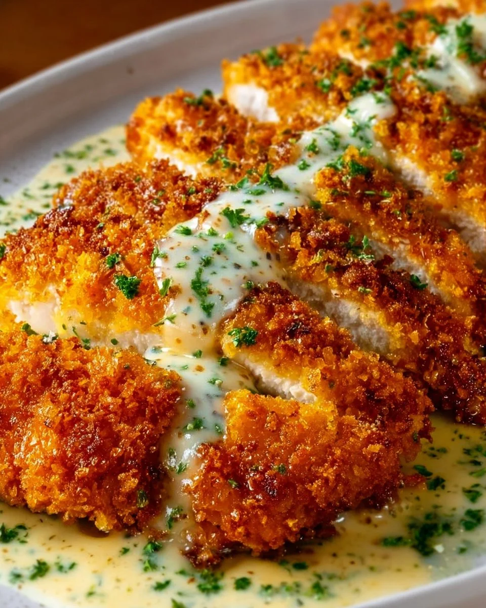 Crispy Parmesan Chicken with Creamy Garlic Sauce