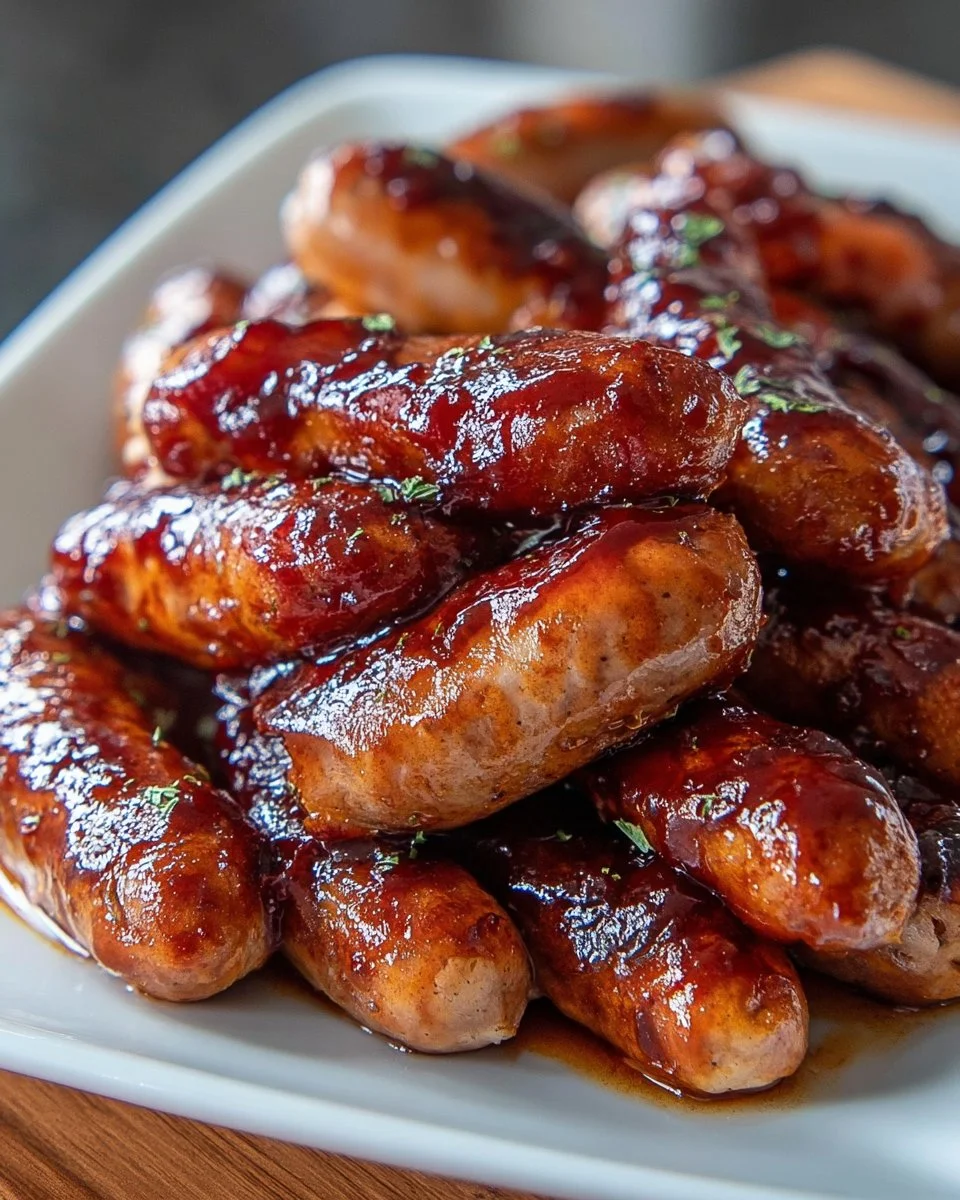 Crock Pot BBQ Cocktail Sausage appetizer in a serving dish
