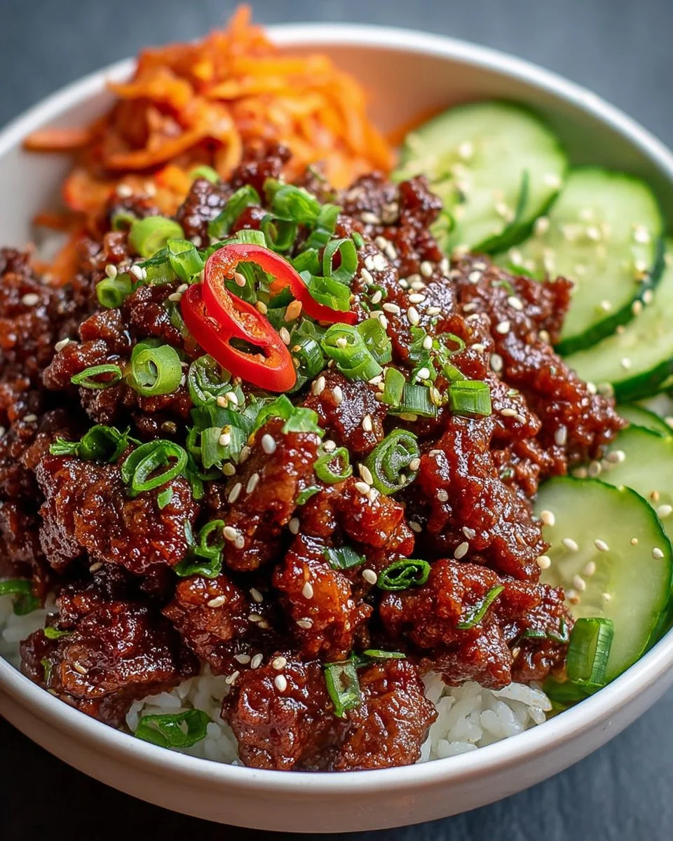 Easy Korean Beef Bowl served with rice and vegetables