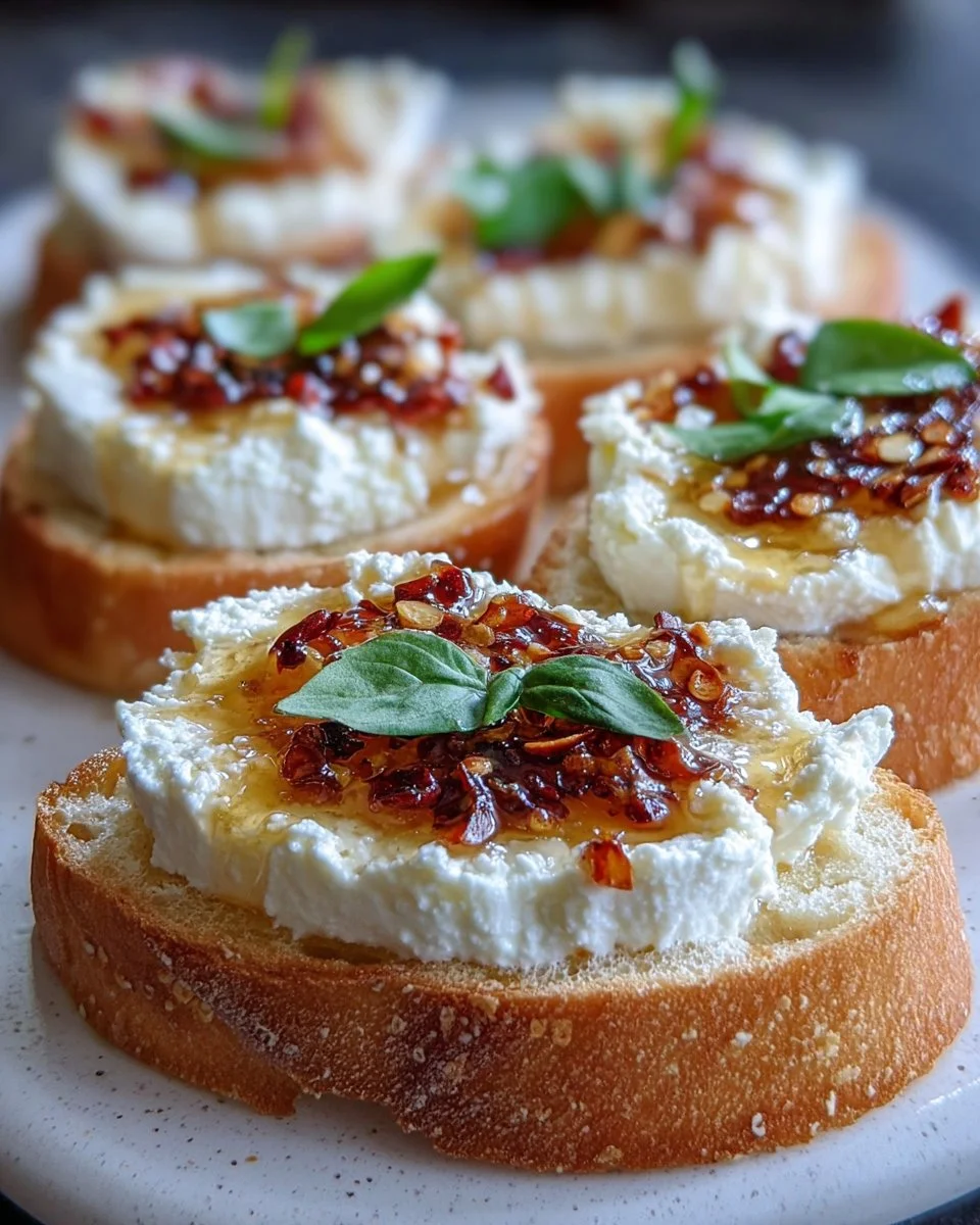 Delicious Hot Honey Ricotta Bruschetta with honey drizzle and fresh herbs
