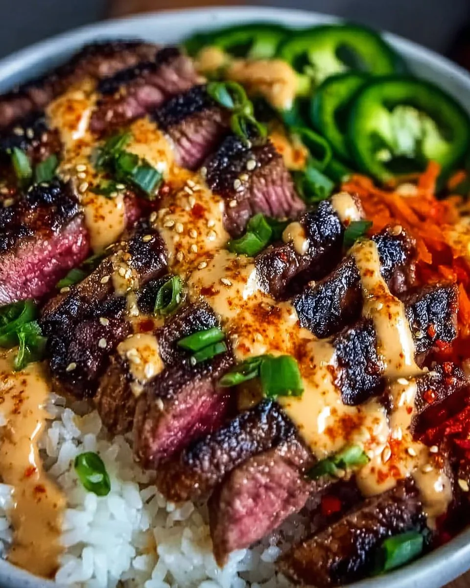 Korean BBQ Steak Rice Bowl with Spicy Cream Sauce