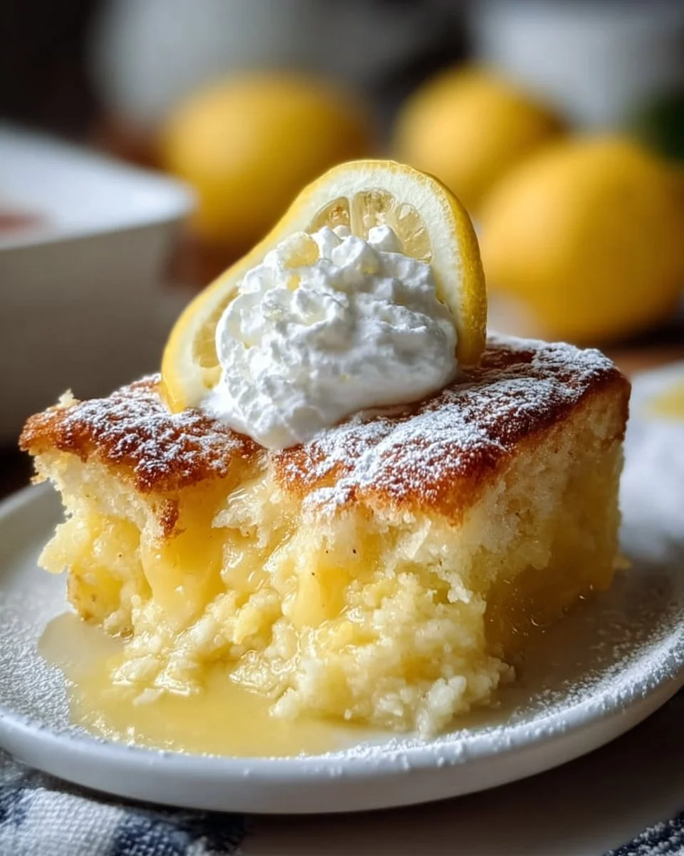 Delicious lemon cobbler dessert with a golden crust and fresh lemon slices.