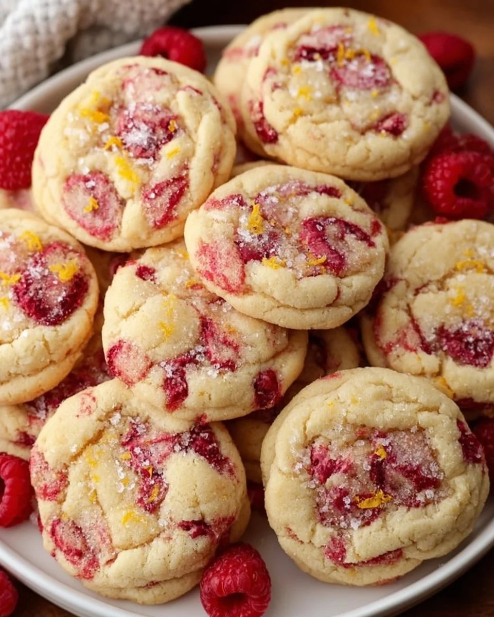 Freshly baked lemon raspberry cookies on a cooling rack