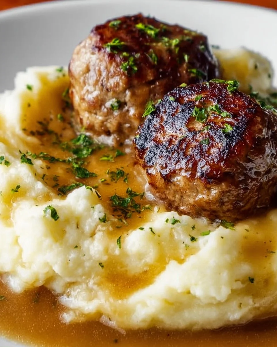 Salisbury Steak Meatballs with Garlic Herb Mashed Potatoes