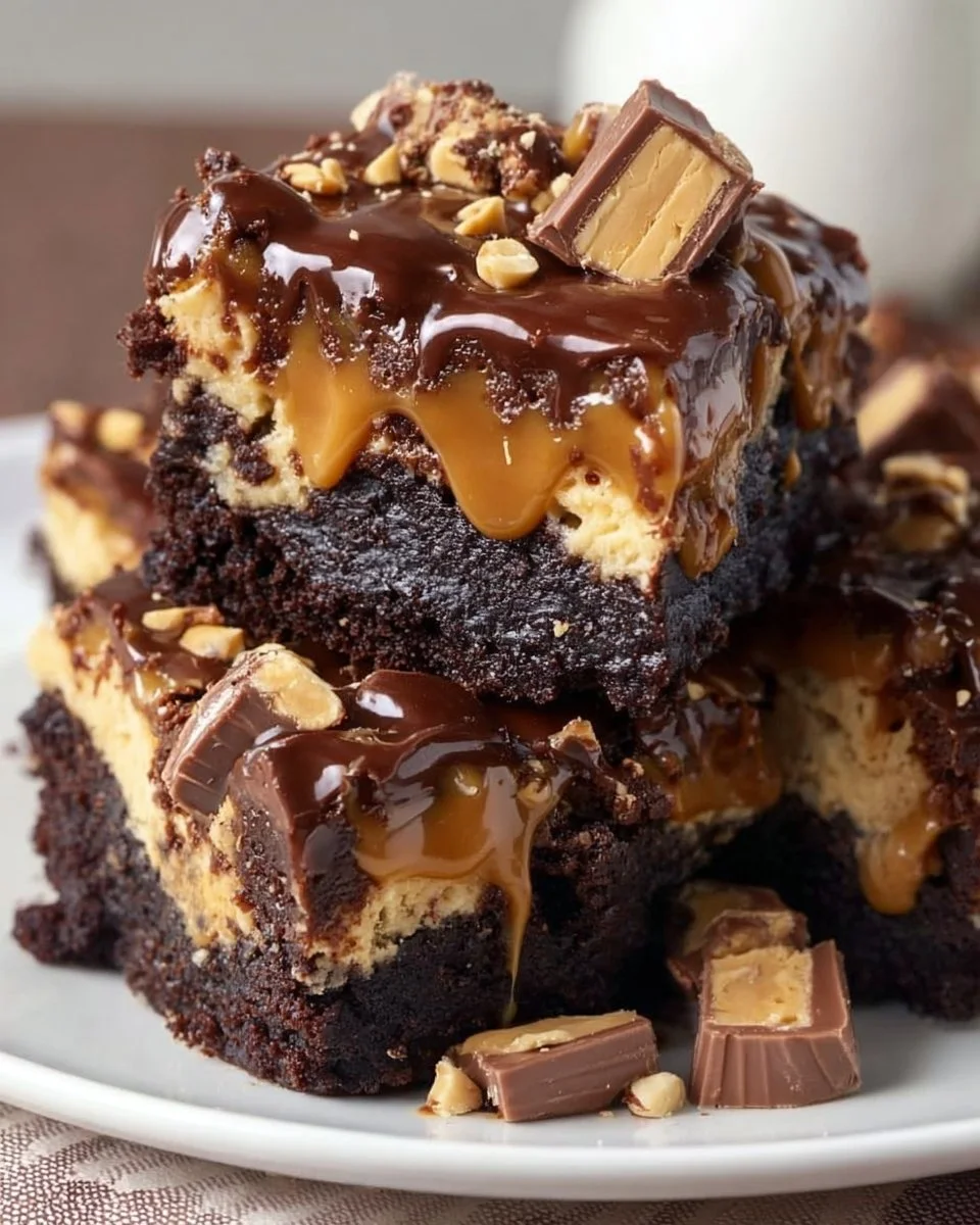 Delicious Snickers Peanut Butter Cake with layers of chocolate and peanut butter frosting