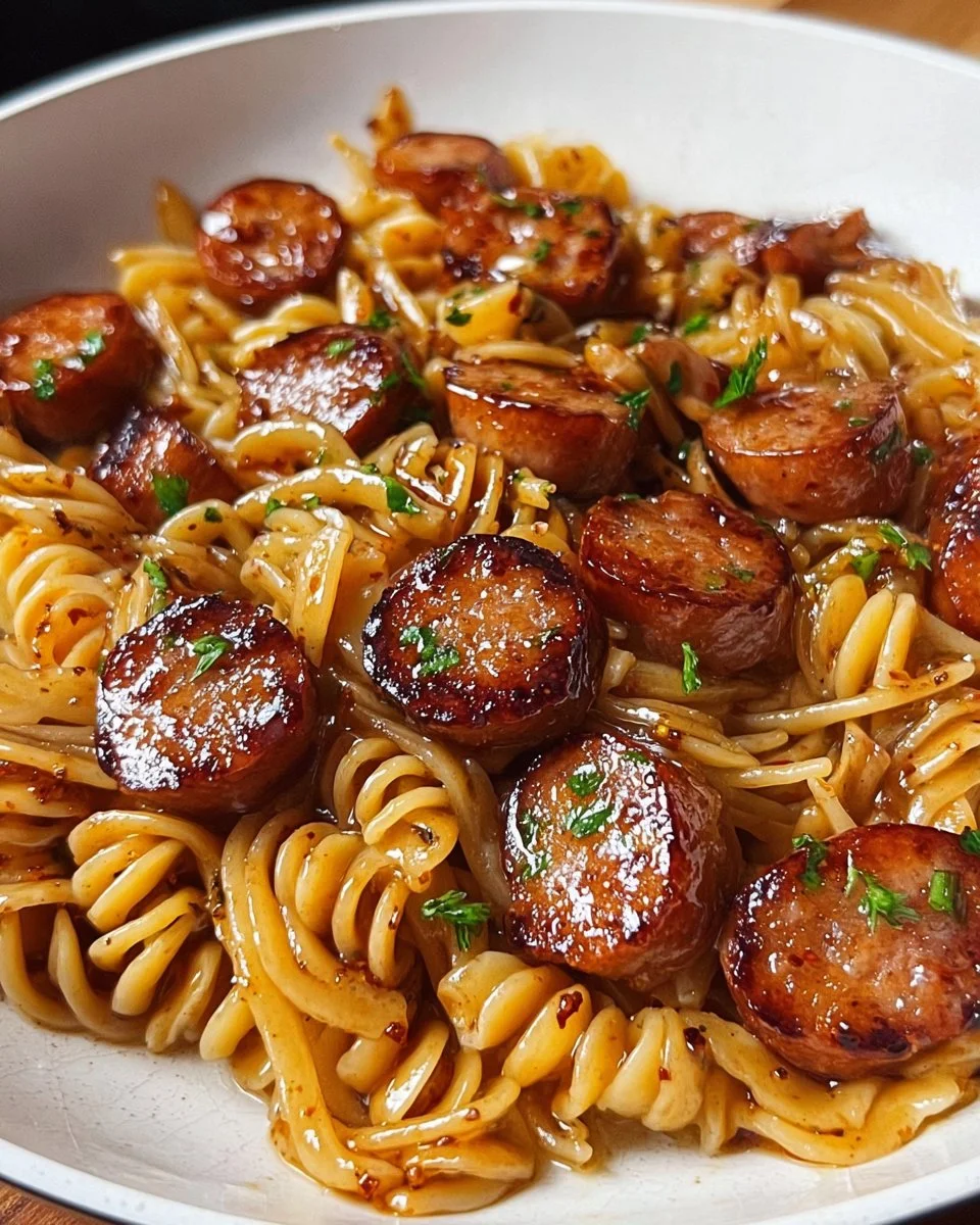 Sticky Honey Garlic Sausage Pasta Skillet