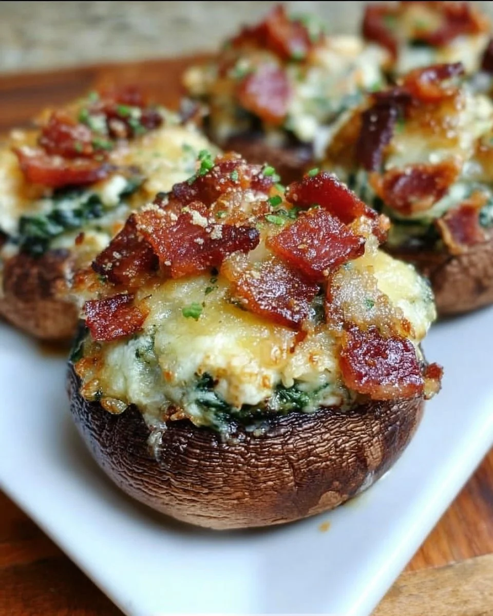Bacon Spinach and Four Cheese Stuffed Mushrooms served on a platter