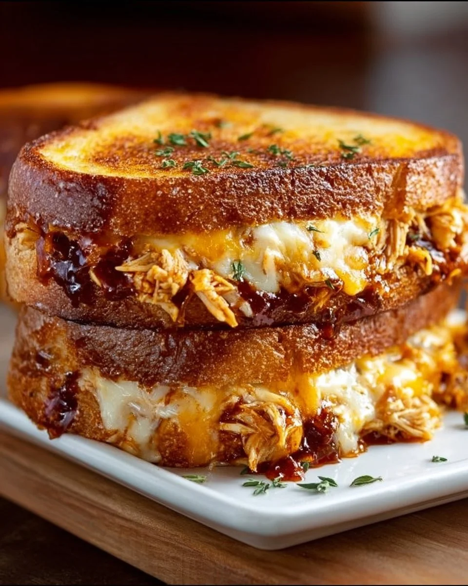 BBQ chicken grilled cheese sandwich with melted cheese and toasted bread