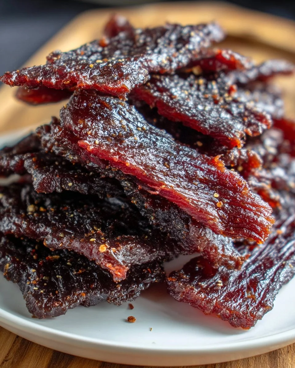 Black Currant Smoky Jerky in a rustic bowl with herbs