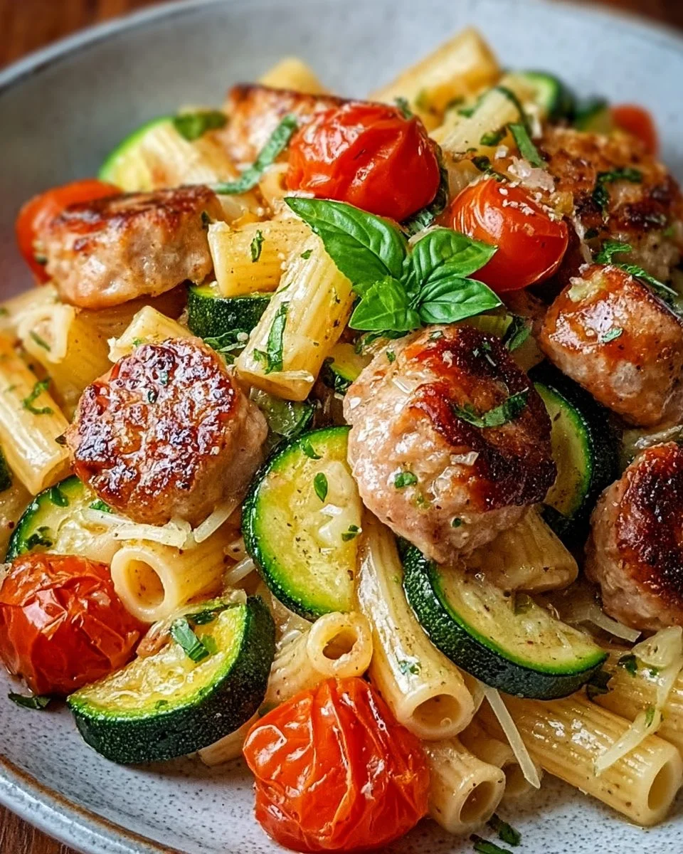 Chicken Sausages with Zucchini, Tomatoes, and Pasta