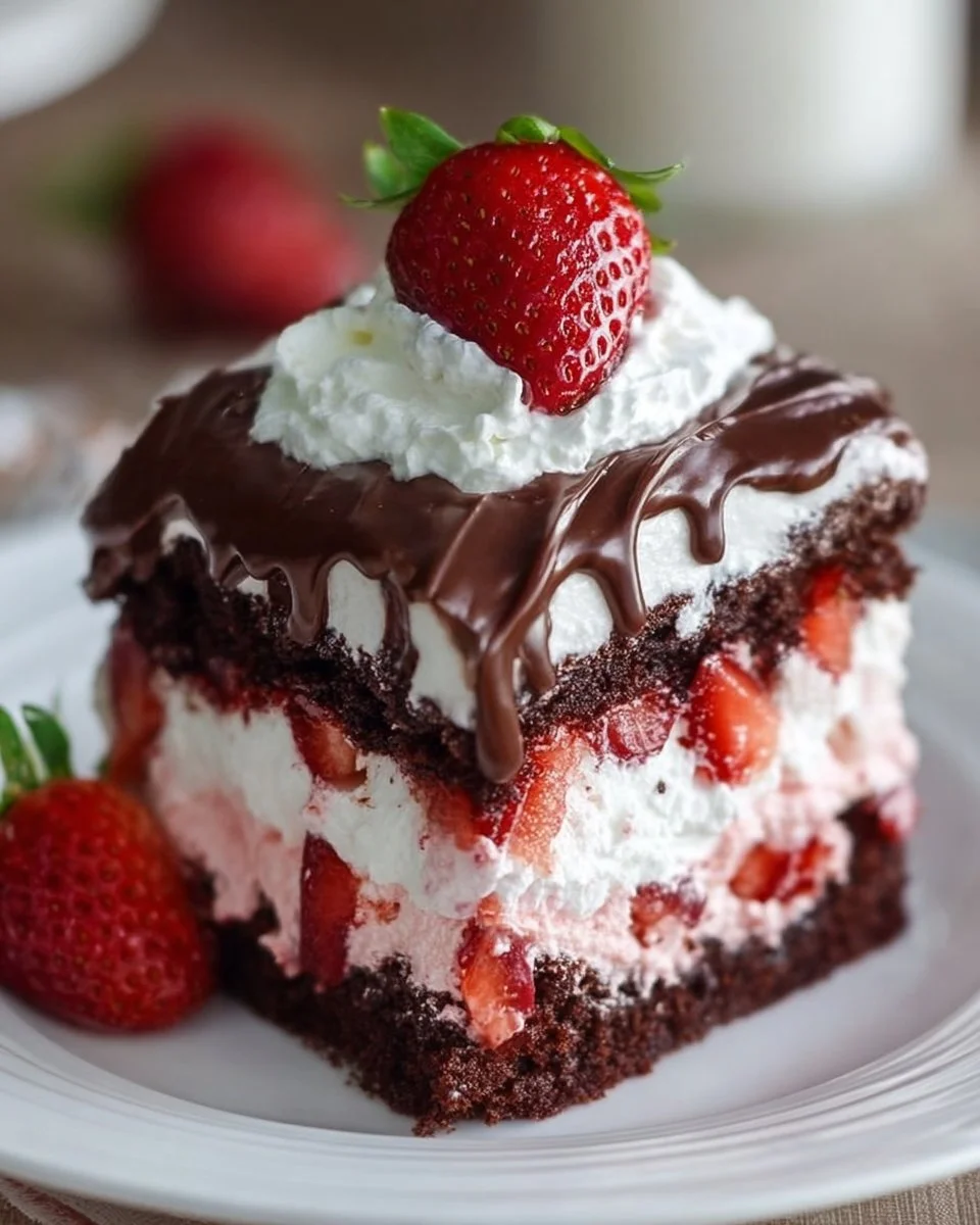 Chocolate Covered Strawberry Poke Cake