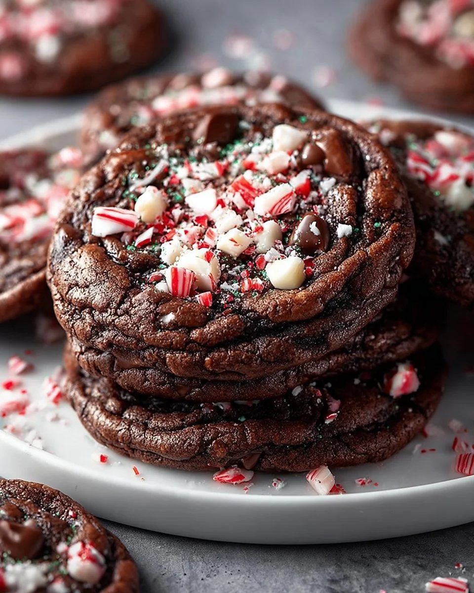 Double chocolate peppermint cookies stacked on a plate, perfect for holiday treats