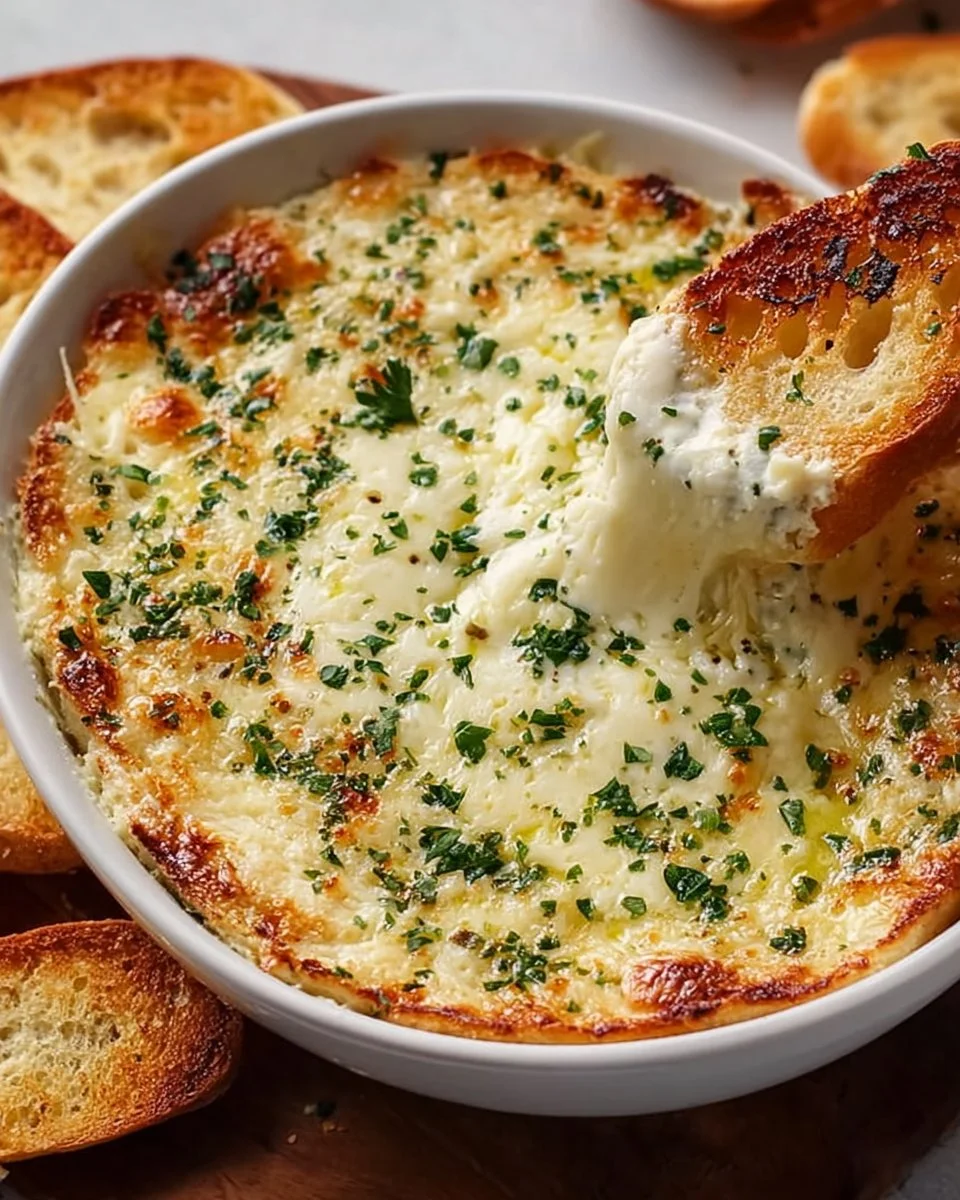 Creamy garlic bread dip served with toasted baguette slices