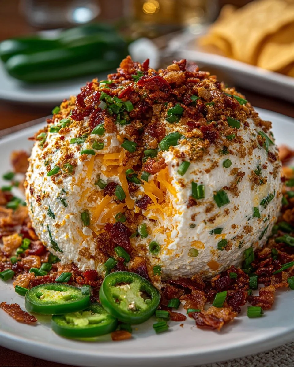 Delicious Jalapeño Popper Cheese Ball garnished with herbs and jalapeños