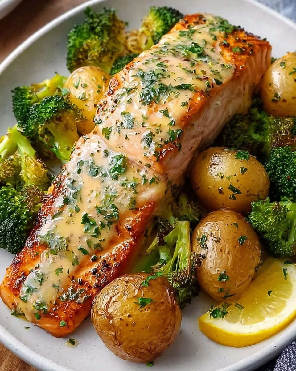 Lemon Butter Salmon with Crispy Potatoes and Broccoli
