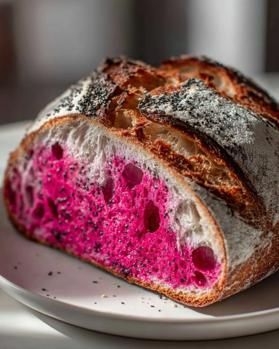 Loaf of pink sourdough bread with a crusty exterior and soft interior
