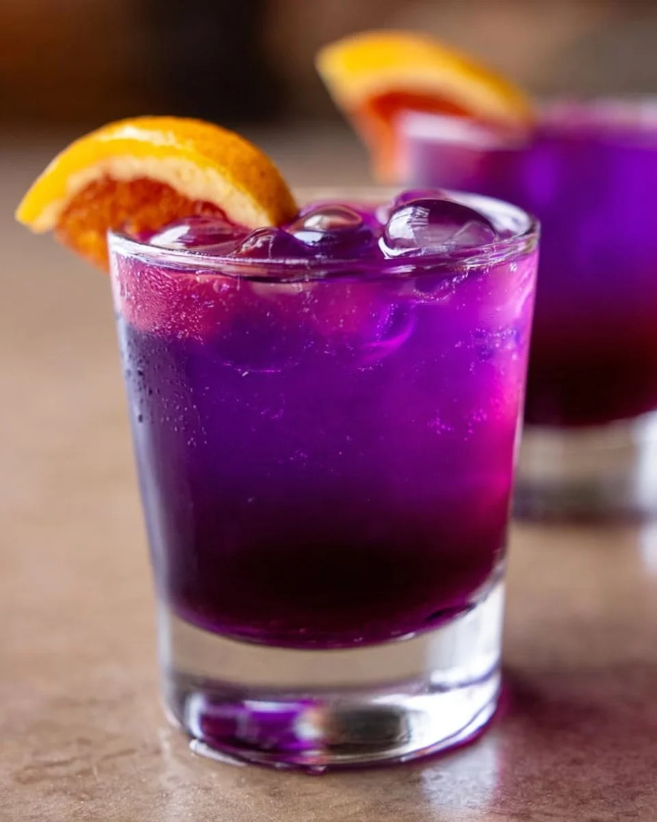 Purple Gatorade Shot served in a glass with vibrant colors