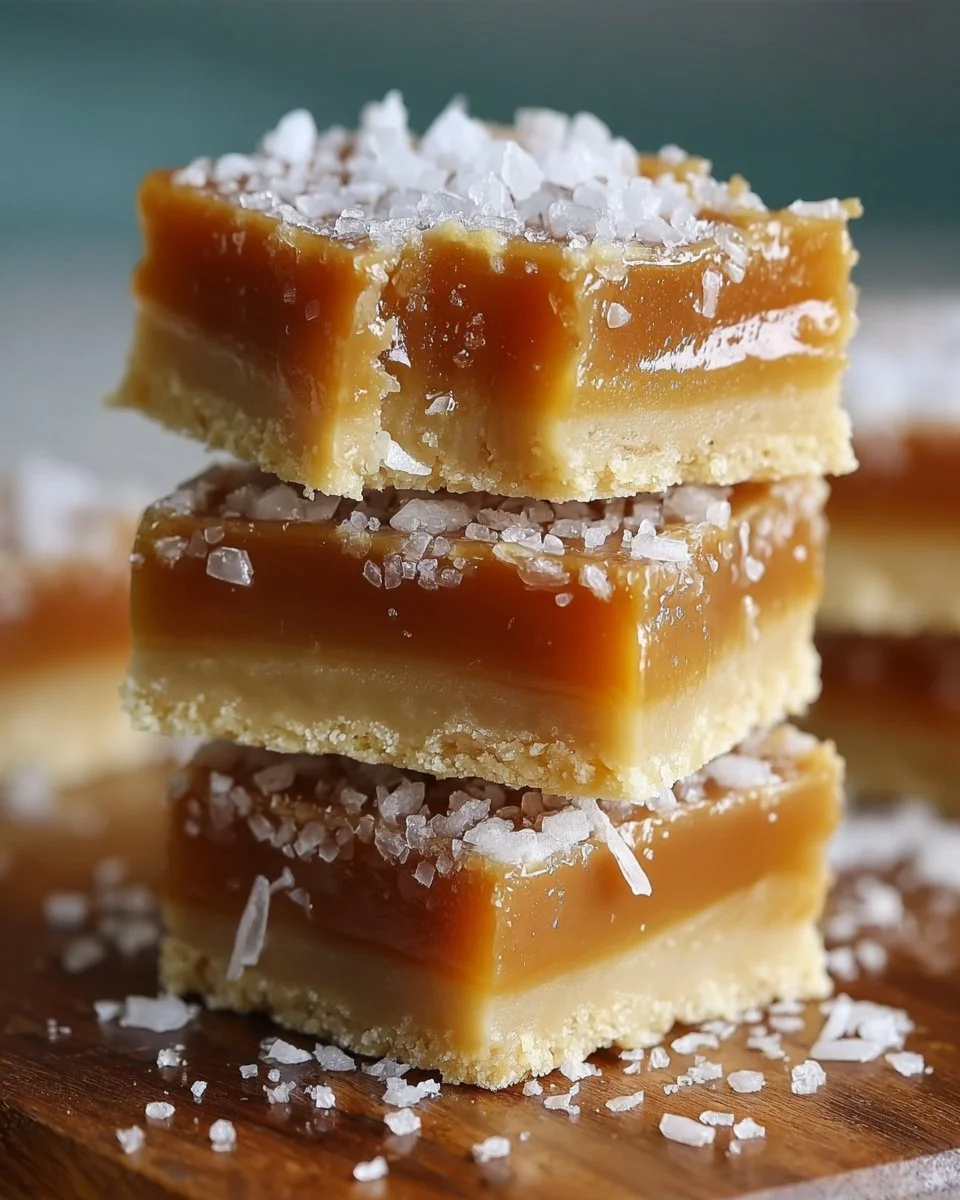 Delicious salted caramel butter bars topped with a sprinkle of salt