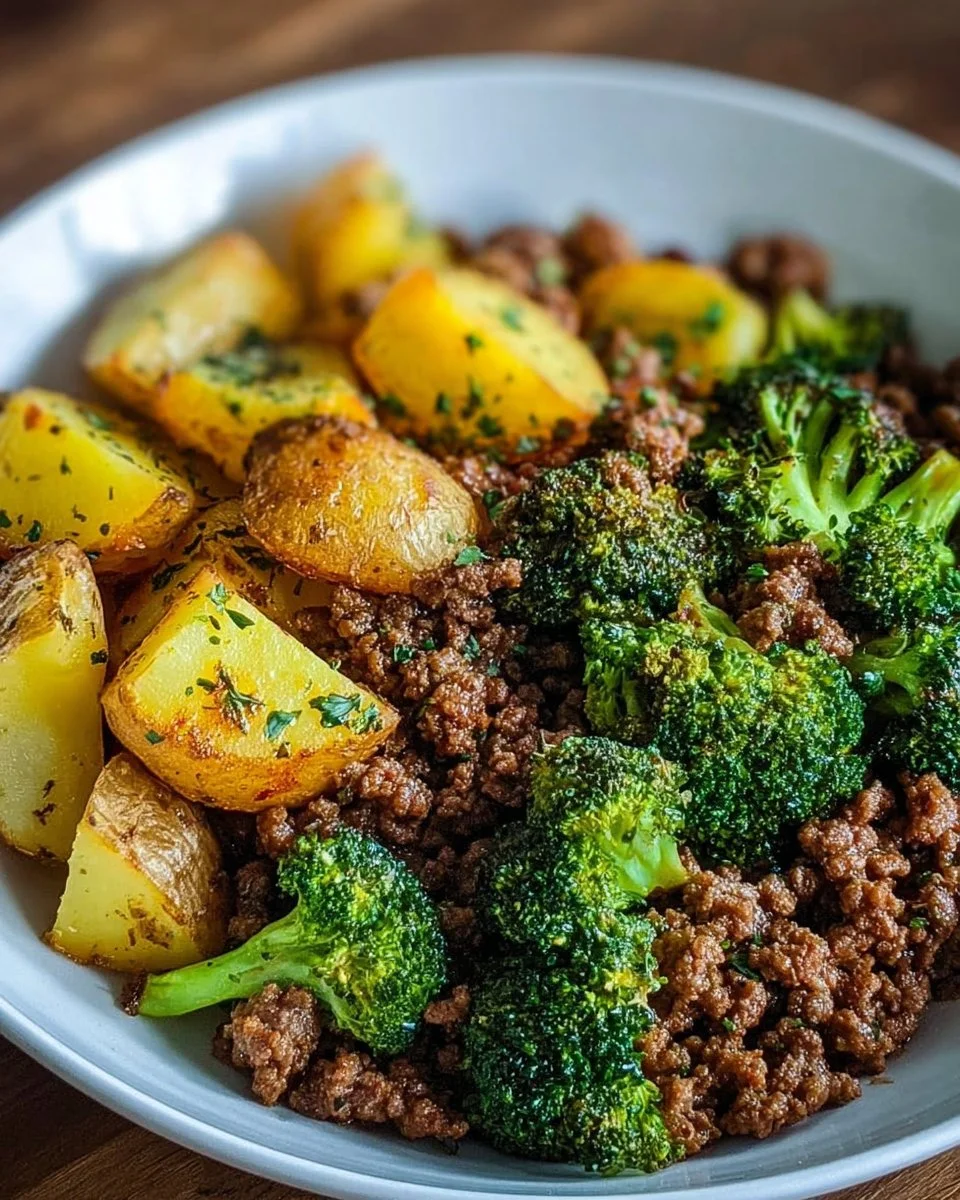 Savory Ground Beef with Herb-Roasted Potatoes & Steamed Broccoli