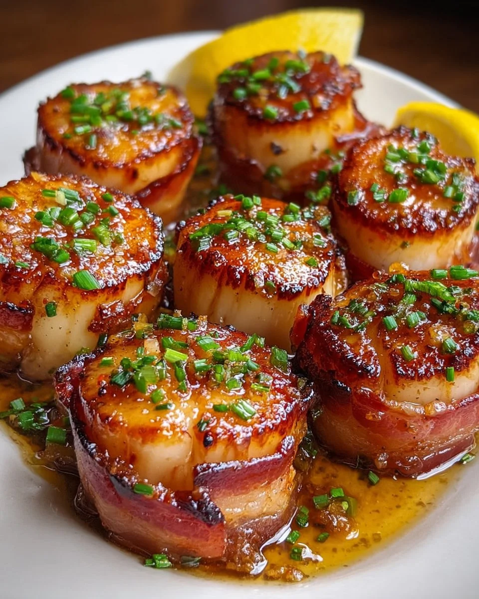 Bacon wrapped scallops drizzled with maple glaze on a plate