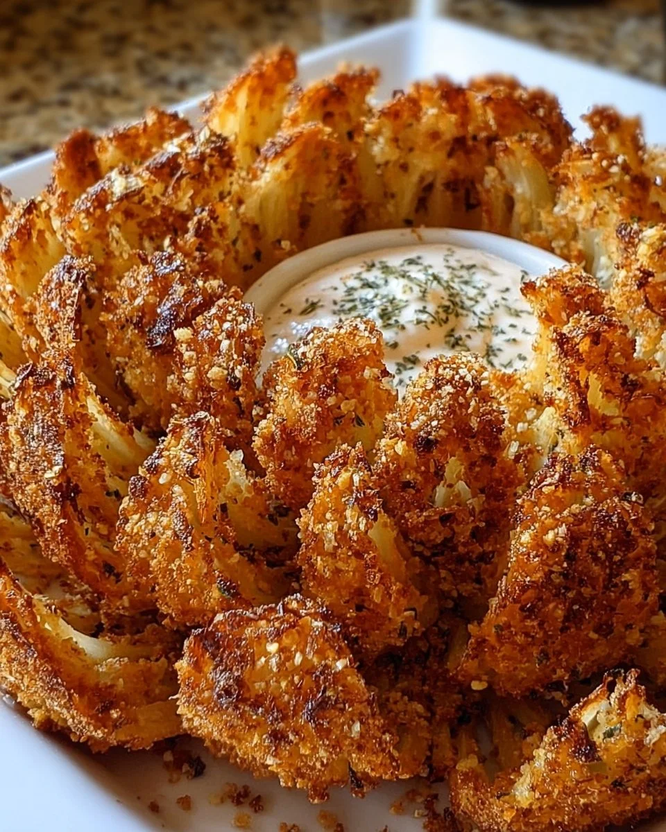 Deliciously fried blooming onion appetizer served with dipping sauce.