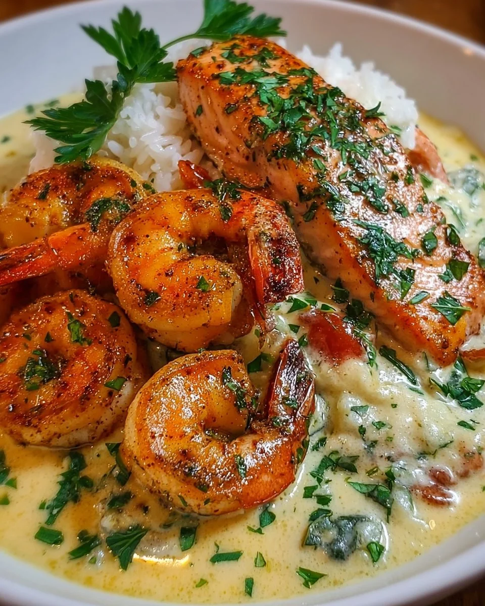 Cajun Shrimp and Salmon with Garlic Cream Sauce