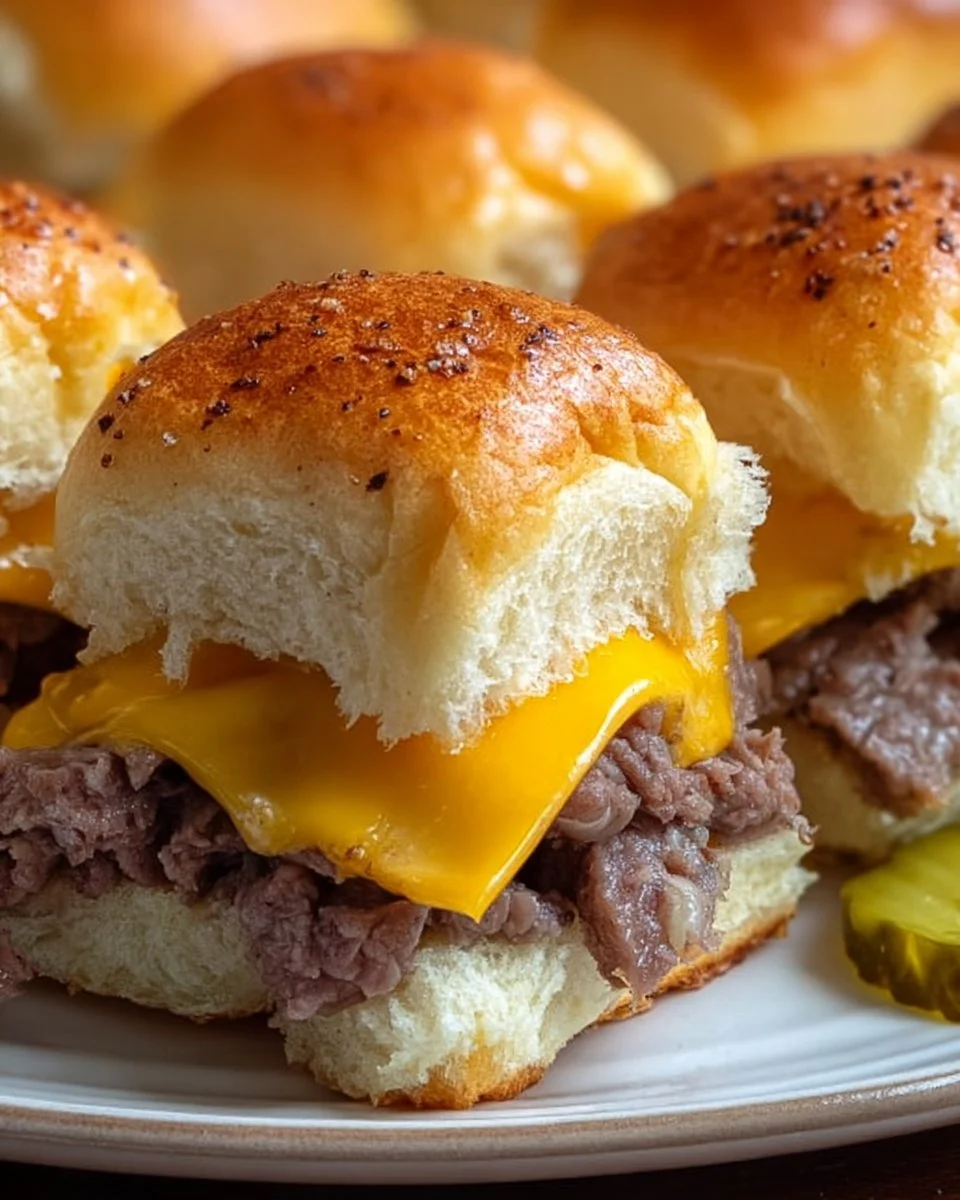 Plate of delicious Cheddar Sliders with melted cheese and toppings