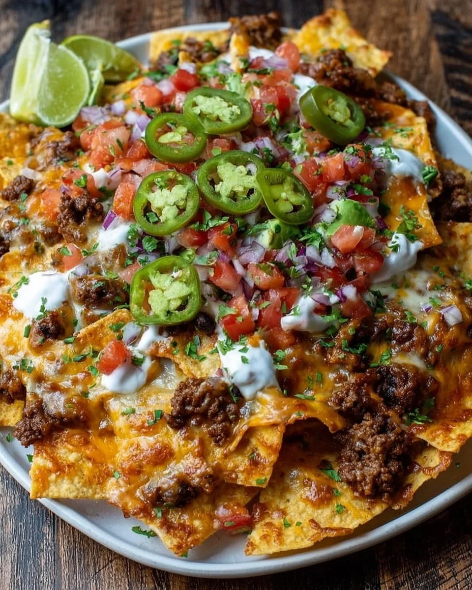 Cheesy beef nachos supreme topped with jalapeños and melted cheese