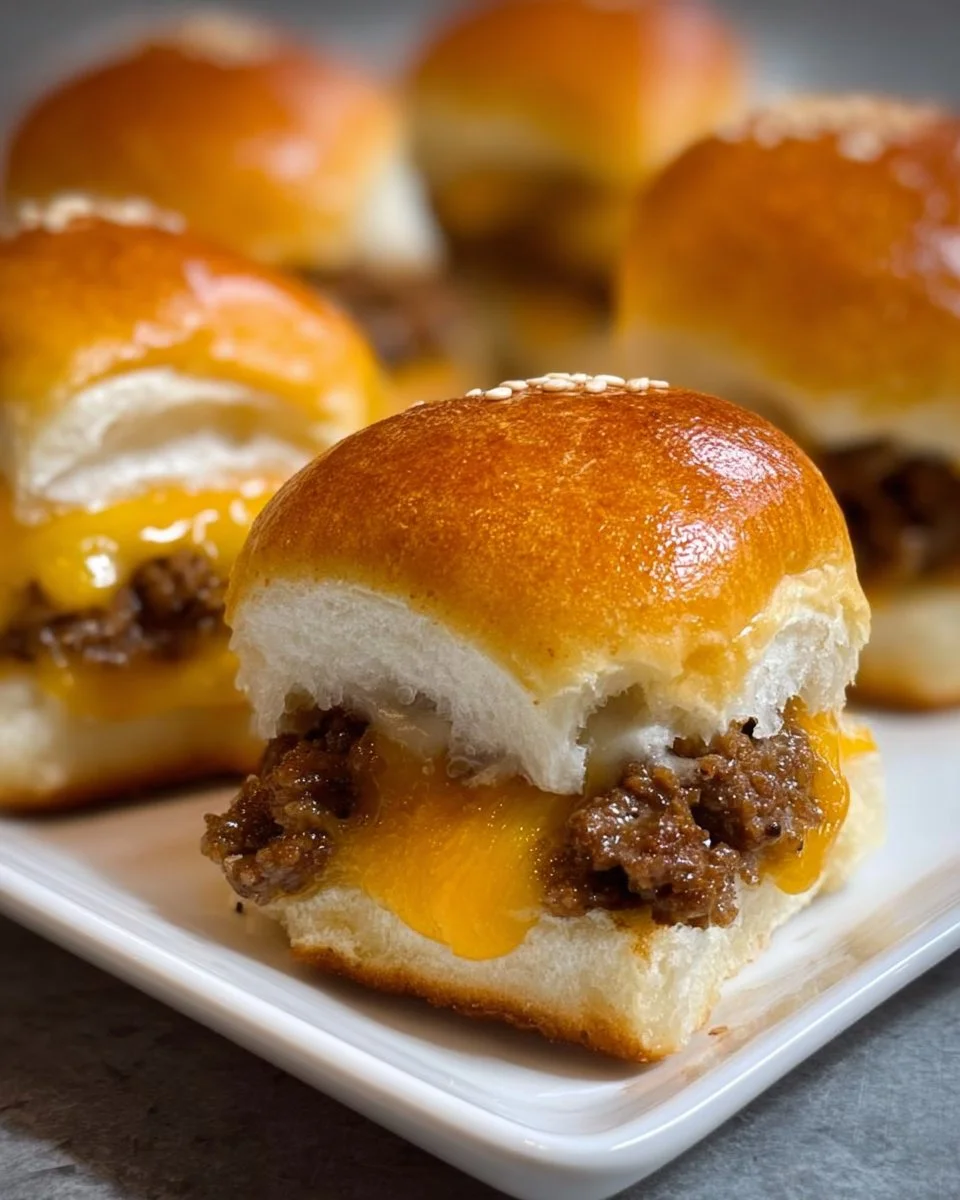 Cheesy beef slider appetizers served on a platter for a party.