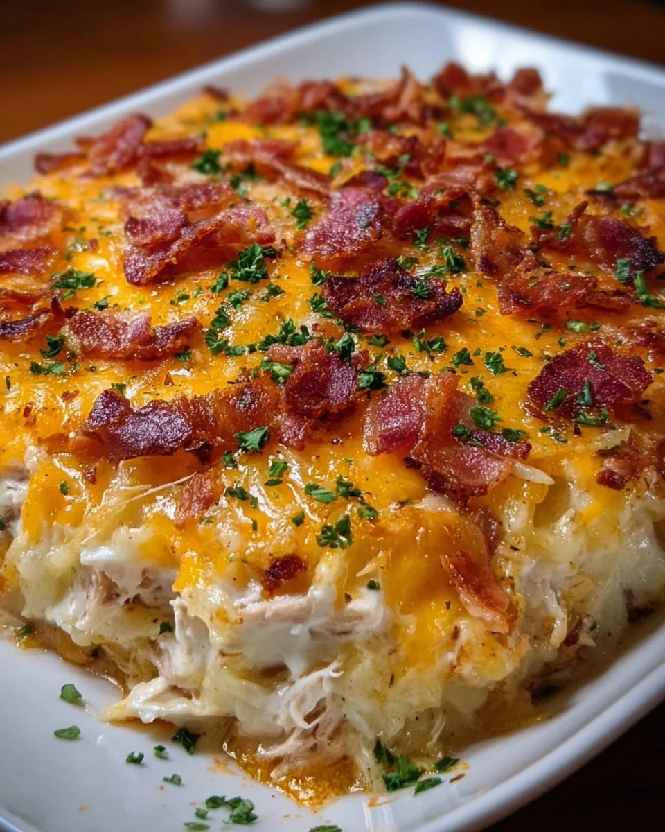 Delicious Crack Chicken Casserole topped with cheese and herbs