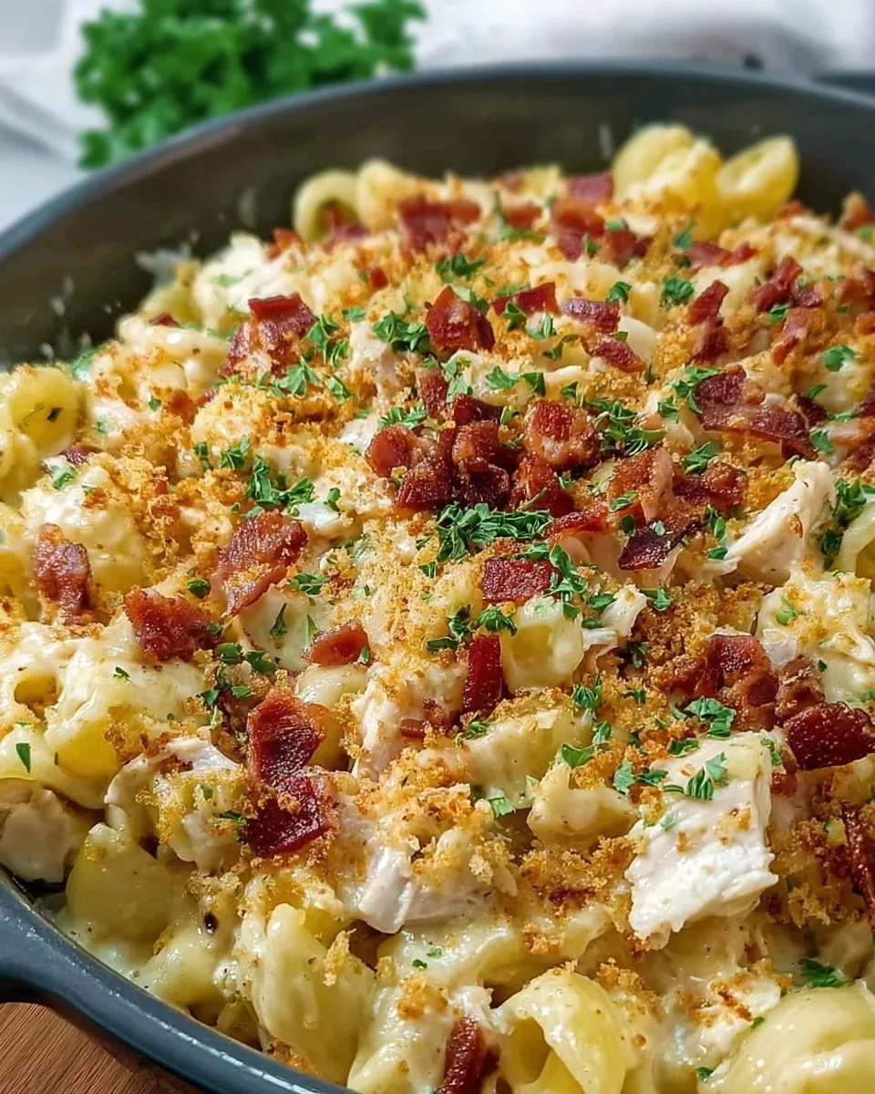 Delicious bowl of Crack Chicken Mac and Cheese topped with herbs.