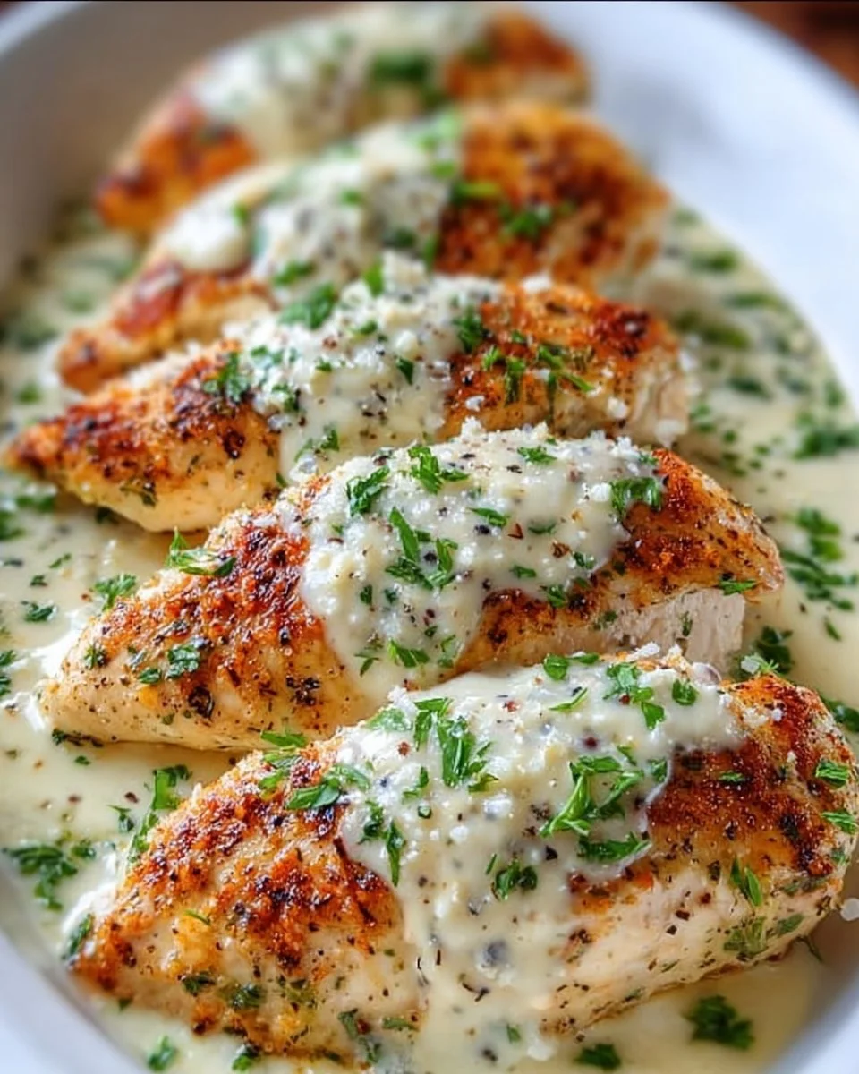Creamy Parmesan baked Caesar chicken served with fresh herbs and a side salad