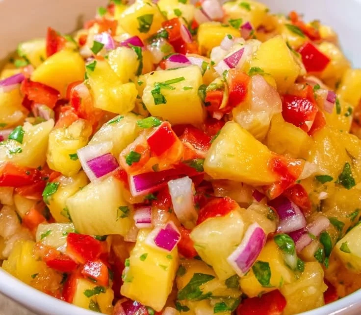 Bowl of Fresh Pineapple Mango Salsa with vibrant colors and fresh ingredients