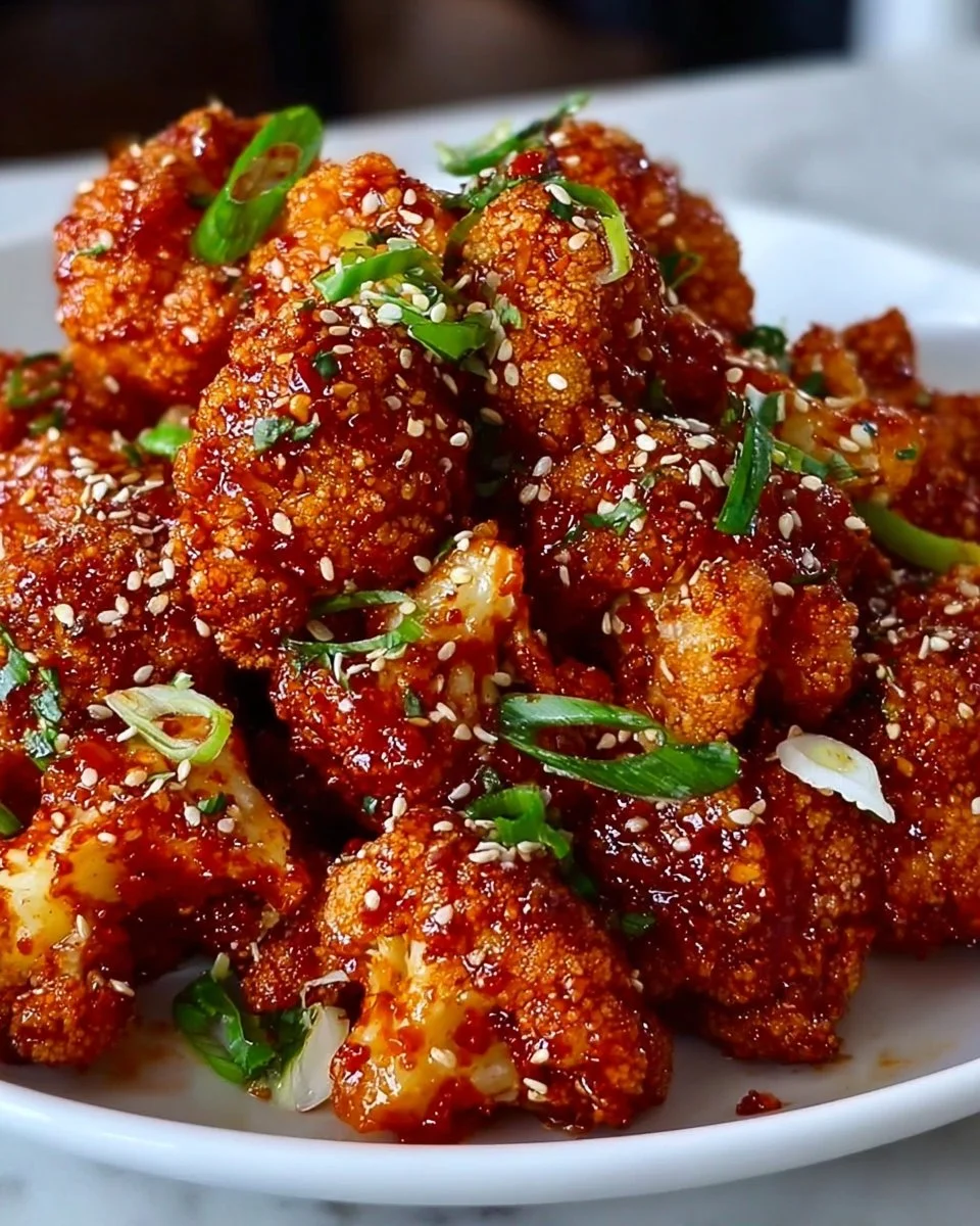 Korean Crispy Spicy Cauliflower dish served on a plate with garnish