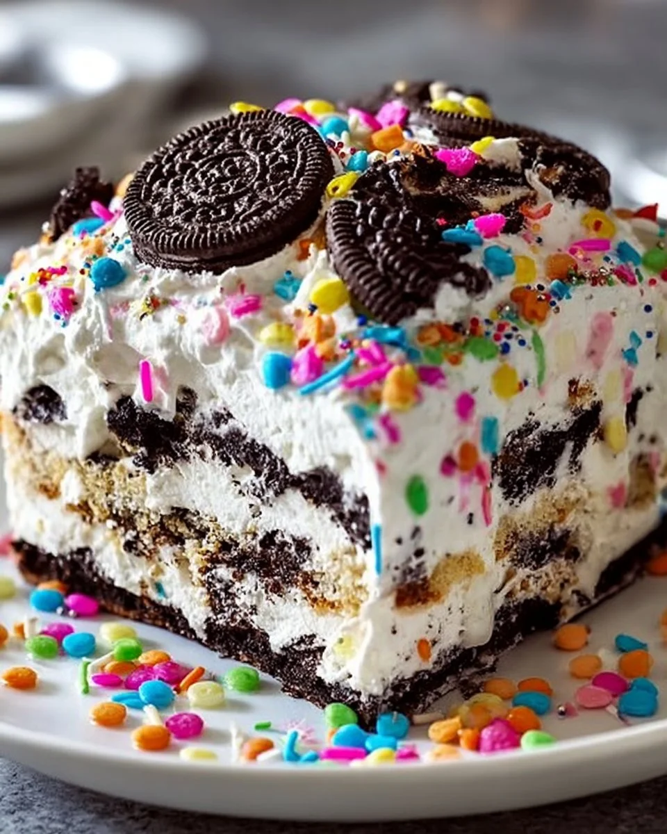 No Bake Funfetti Oreo Icebox Cake with colorful sprinkles and creamy layers