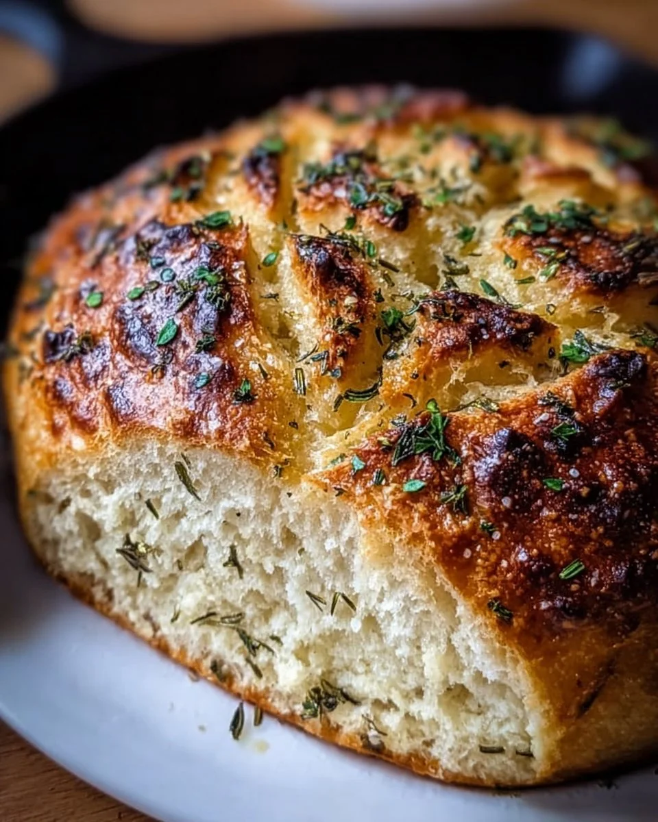 No knead garlic herb Dutch oven bread fresh out of the oven