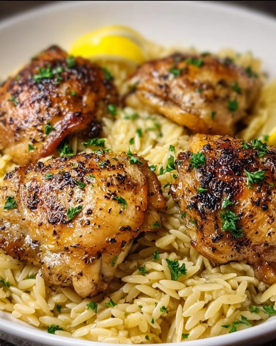 One Pan Lemon Garlic Chicken Thighs with Orzo