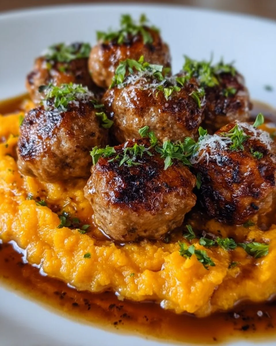 Pork Meatballs with Sweet Potato Mash & Bourbon-Maple Sauce