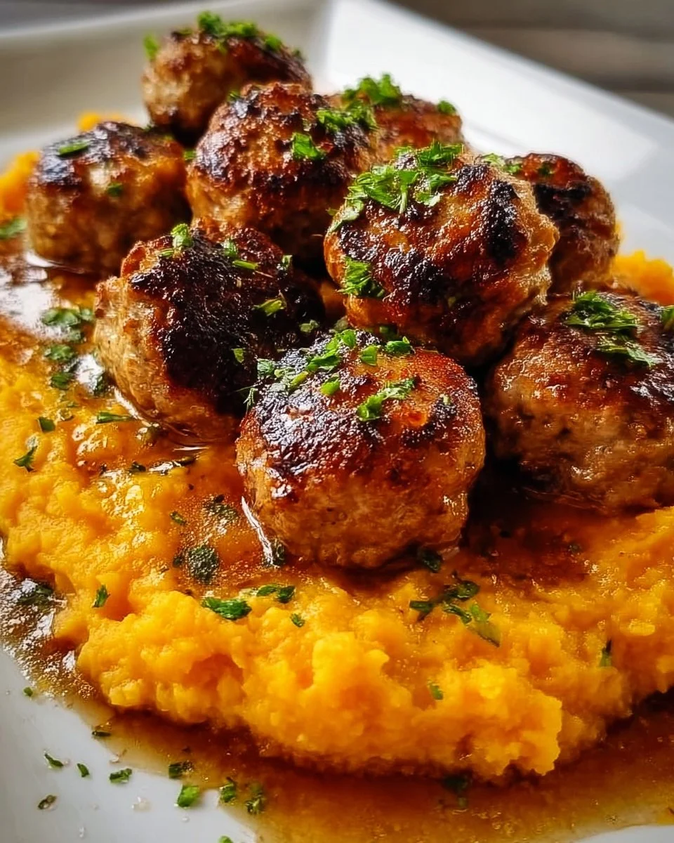 Pork Meatballs with Sweet Potato Mash & Bourbon-Maple Sauce