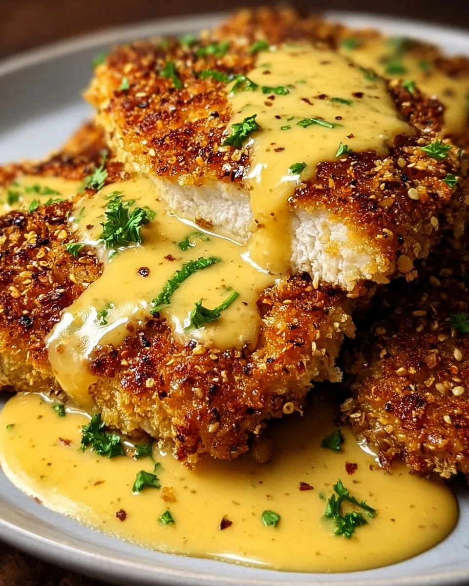 Pretzel-Crusted Chicken with Creamy Mustard Cheddar Sauce