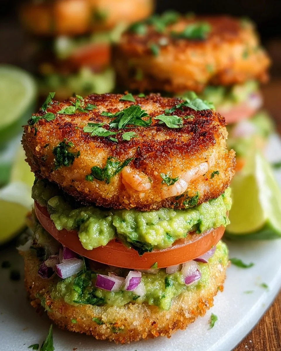 Shrimp burgers topped with cilantro guacamole on a plate