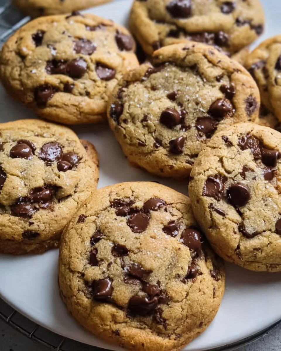 Freshly baked sourdough discard chocolate chip cookies on a cooling rack.