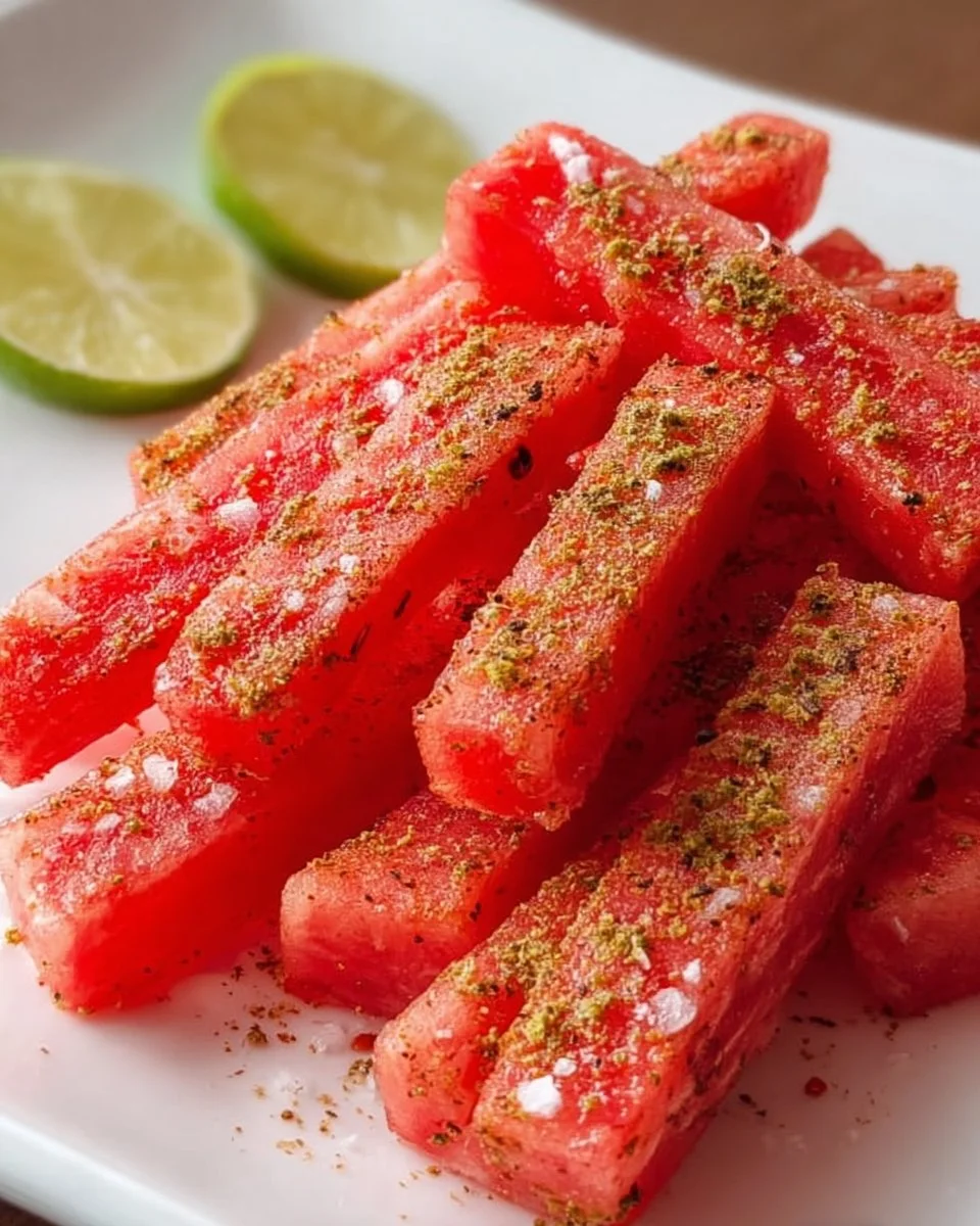 Delicious spicy watermelon fries served as a unique summer snack