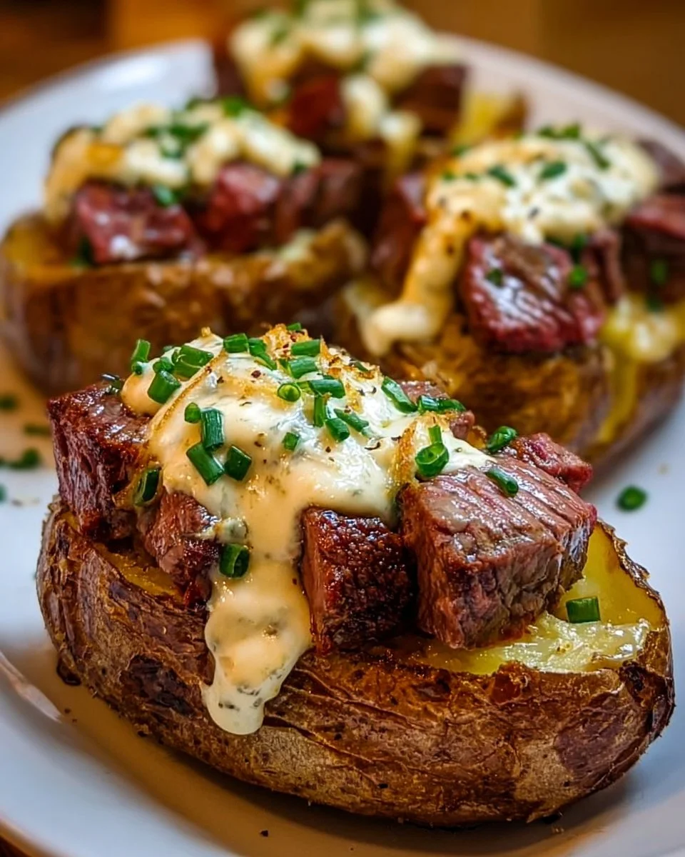 Steak-Stuffed Baked Potatoes with Parmesan Cream Sauce