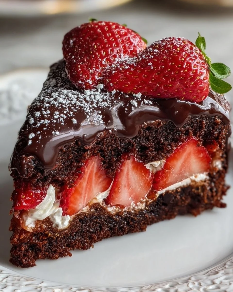 Delicious Strawberry Chocolate Shell Cake with fresh strawberries and chocolate glaze